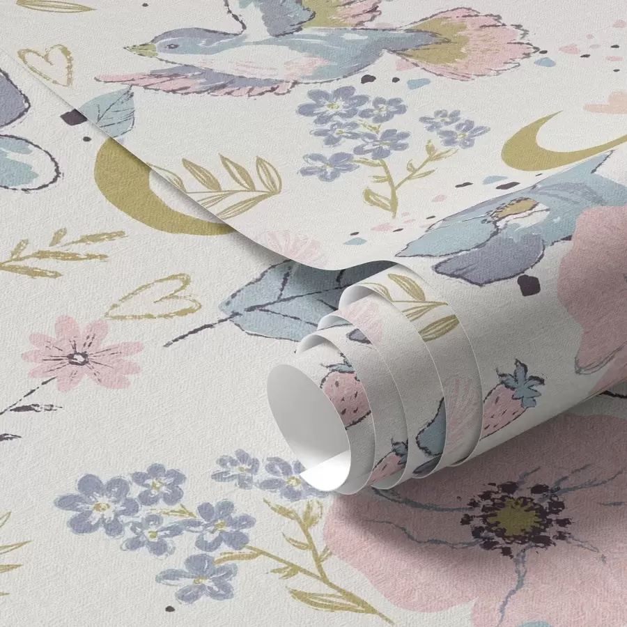 murales Aves y flores en tonos pastel con lunas crecientes sobre fondo blanco a00721