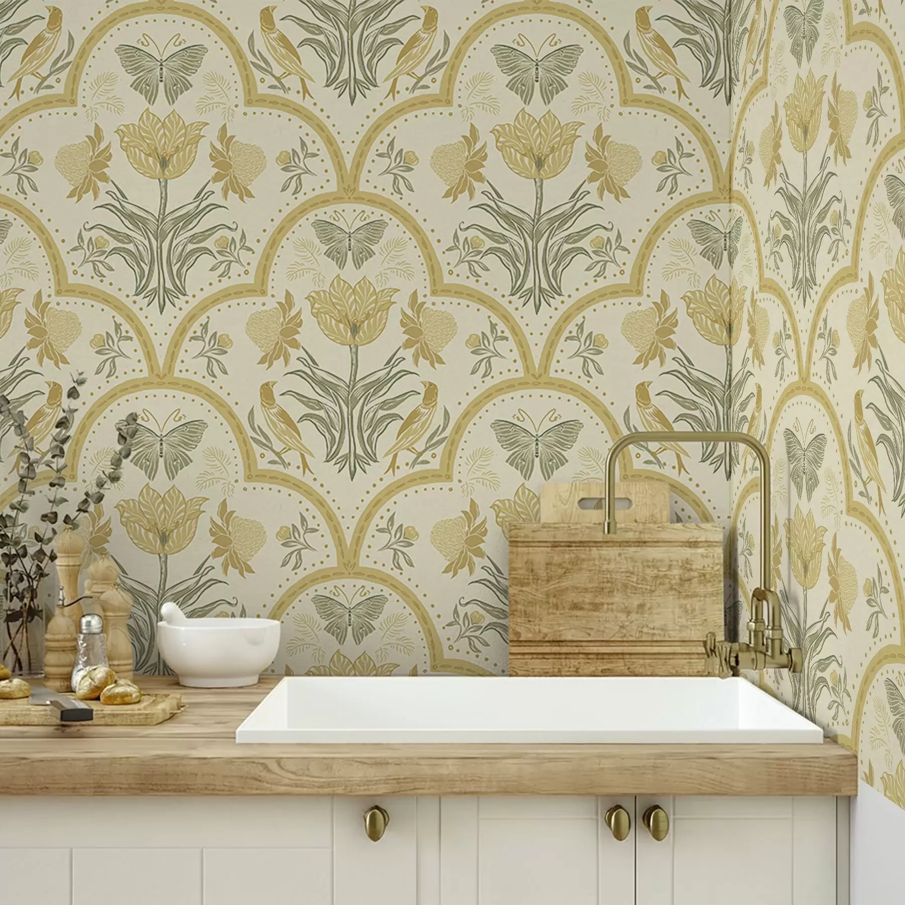 peintures murales Ornement avec une tulipe, des oiseaux et des papillons, ocre a00722