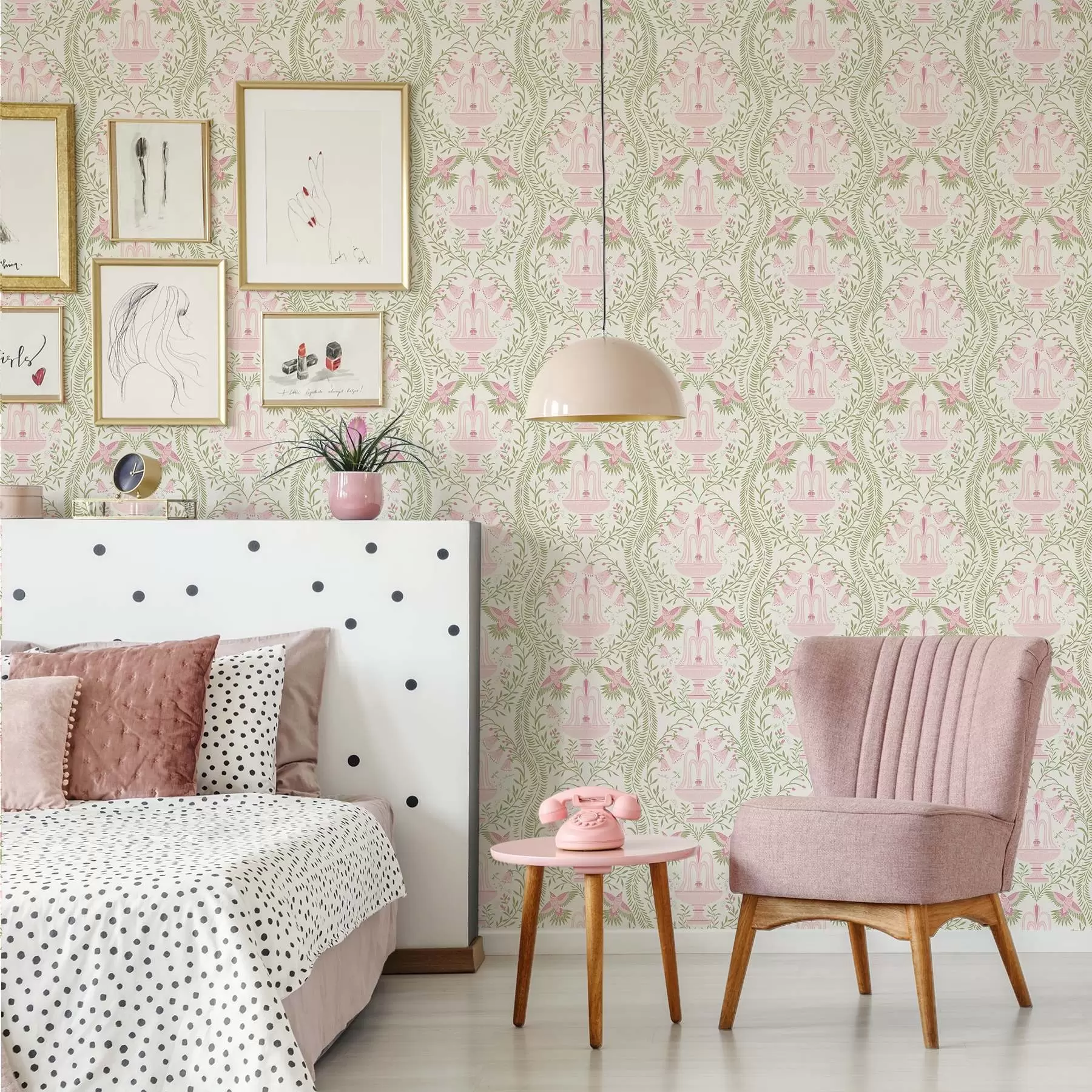 peintures murales Fontaines, colibris et volutes vertes sur fond clair a00723