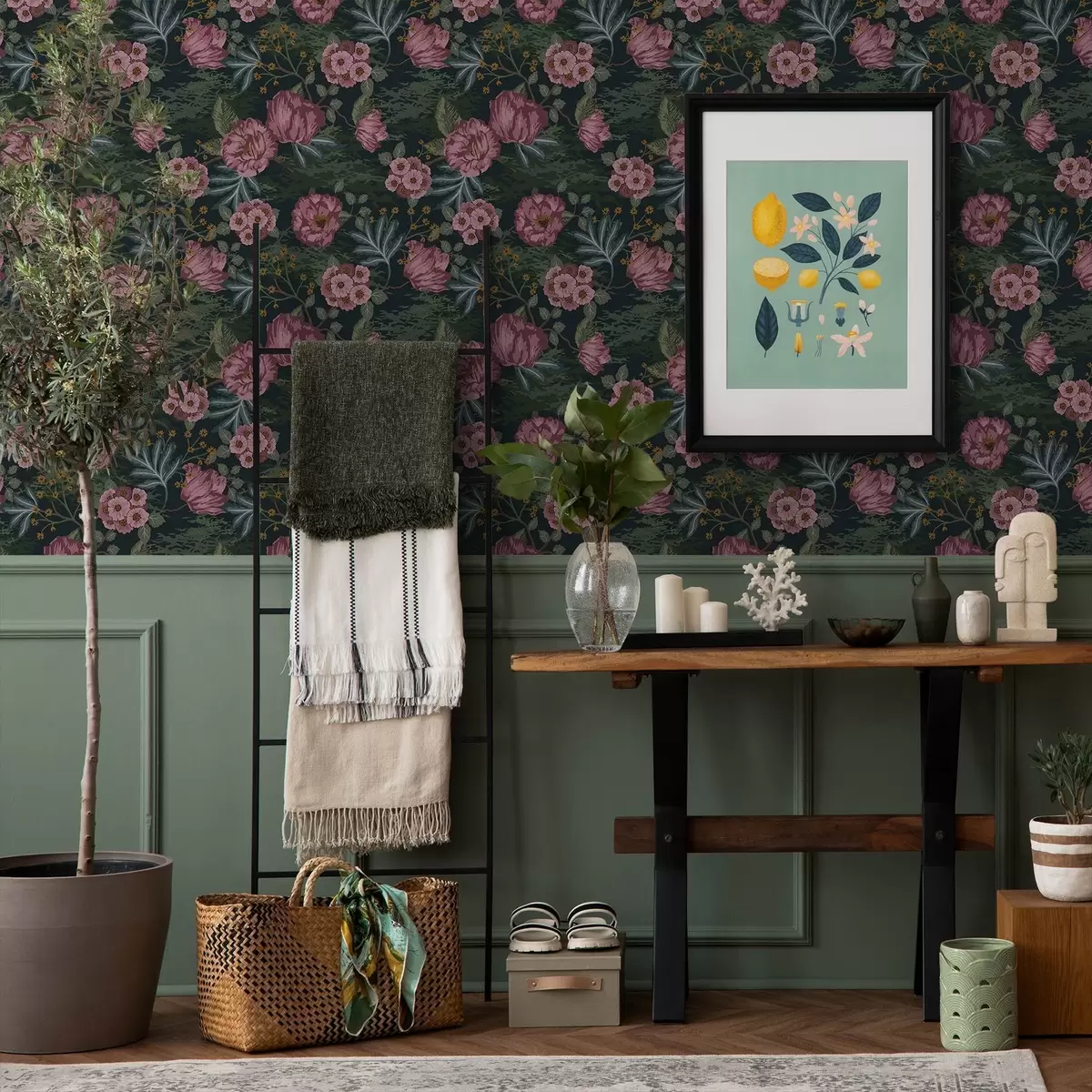 Wallpaper Dark flora with pink flowers and leaves, deep backdrop a00724