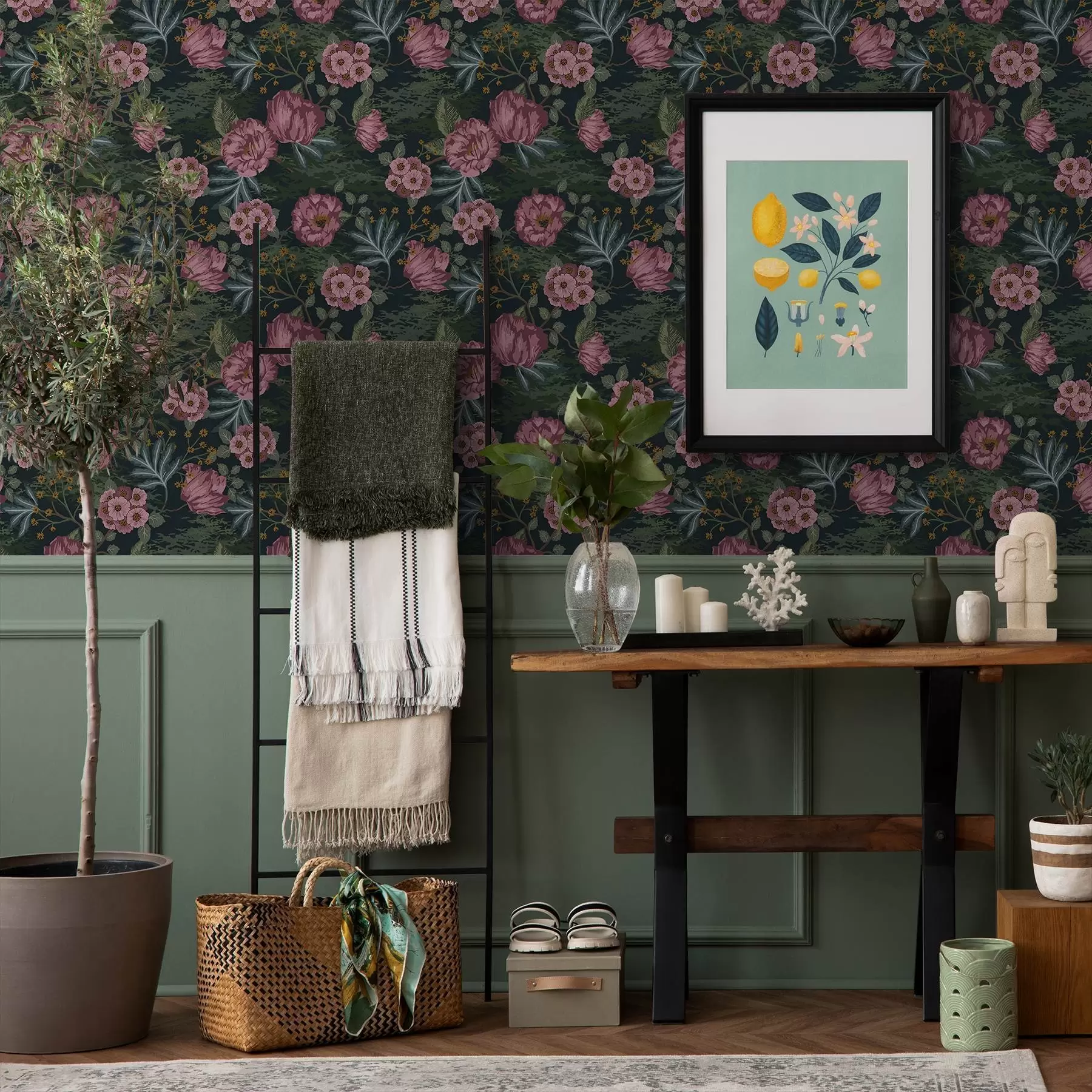 peintures murales Flore sombre avec des fleurs et des feuilles roses, fond sombre a00724