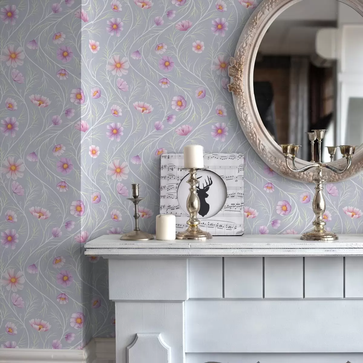 Papier peint Cosmos roses et tiges élancées sur fond gris a00791