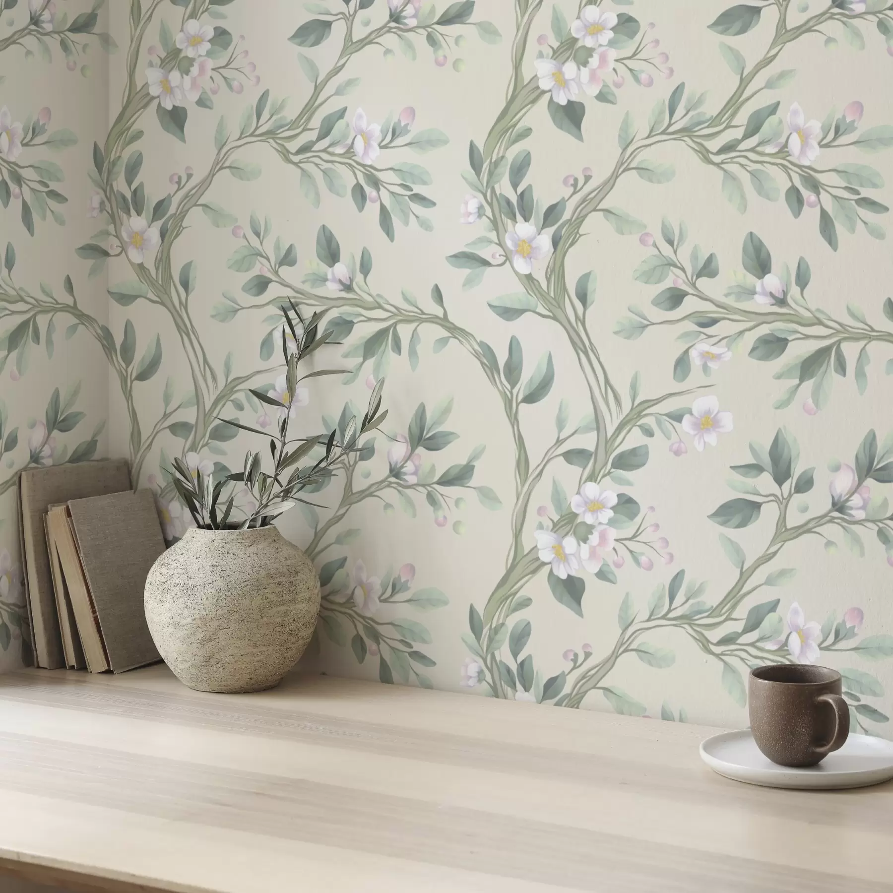 Wall Mural Photo Wallpaper Delicate blooming branches on a cream background, pastel a00793