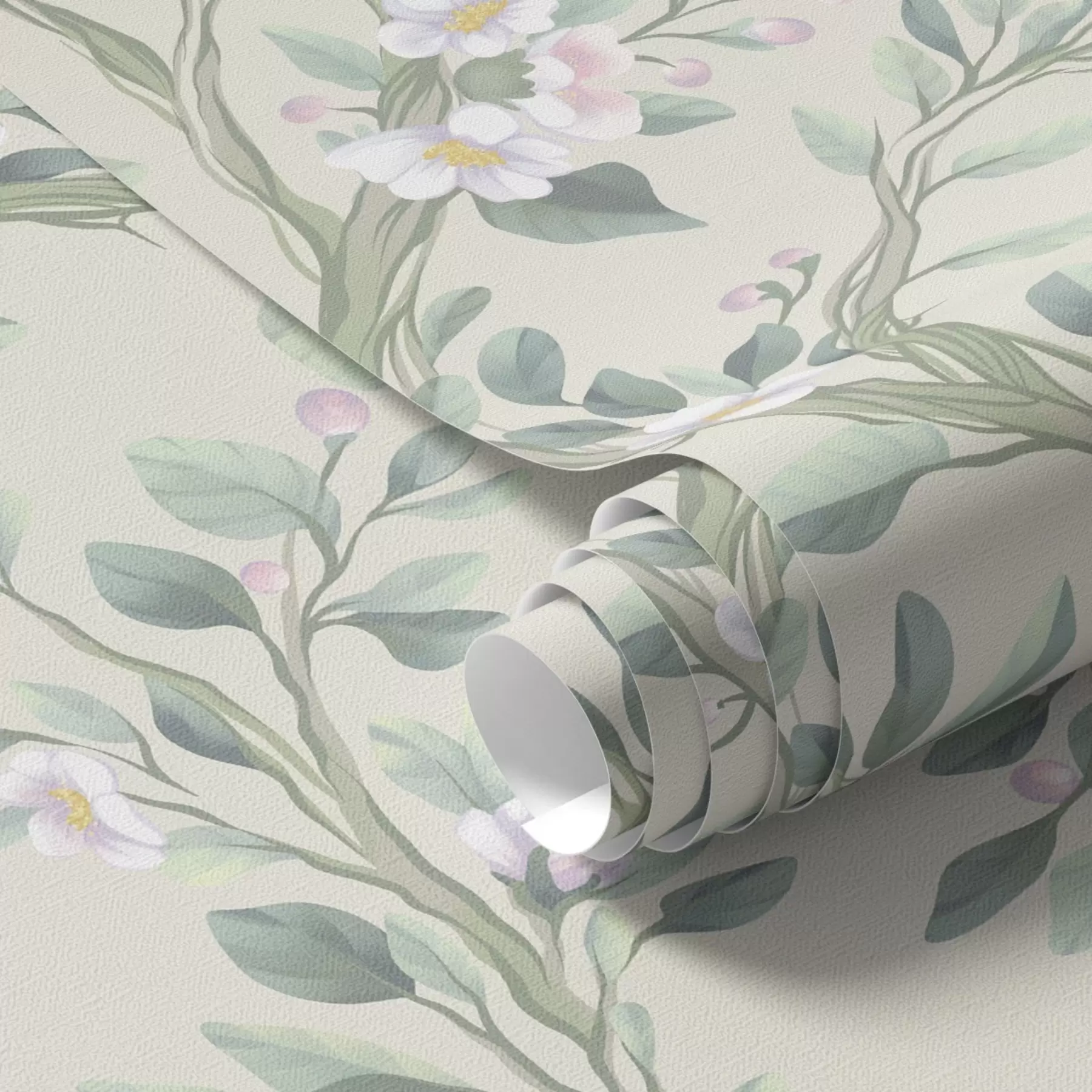 wall murals Delicate blooming branches on a cream background, pastel a00793