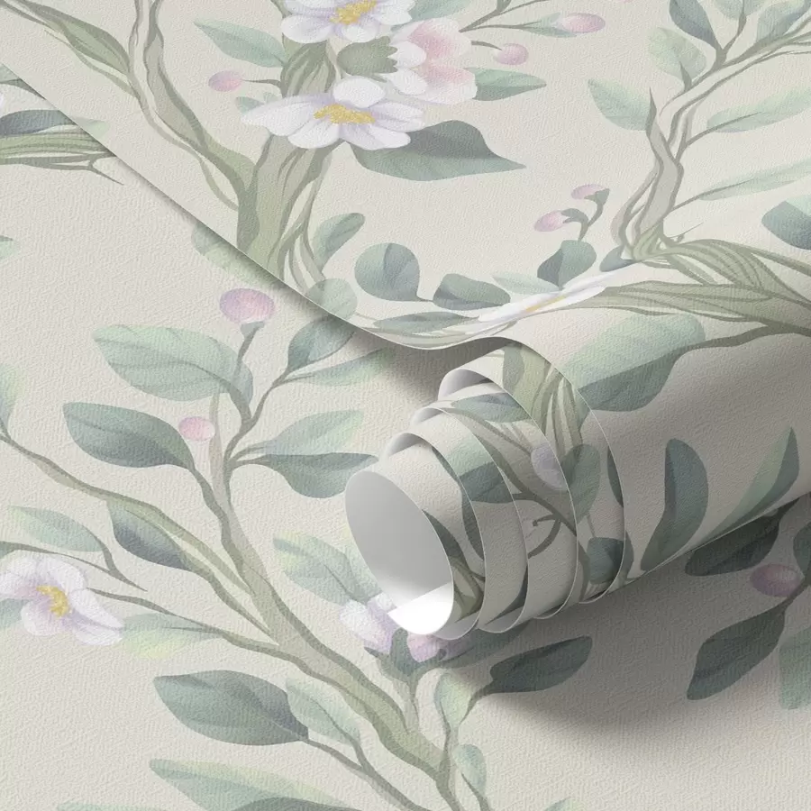 Wall Mural Photo Wallpaper Delicate blooming branches on a cream background, pastel a00793