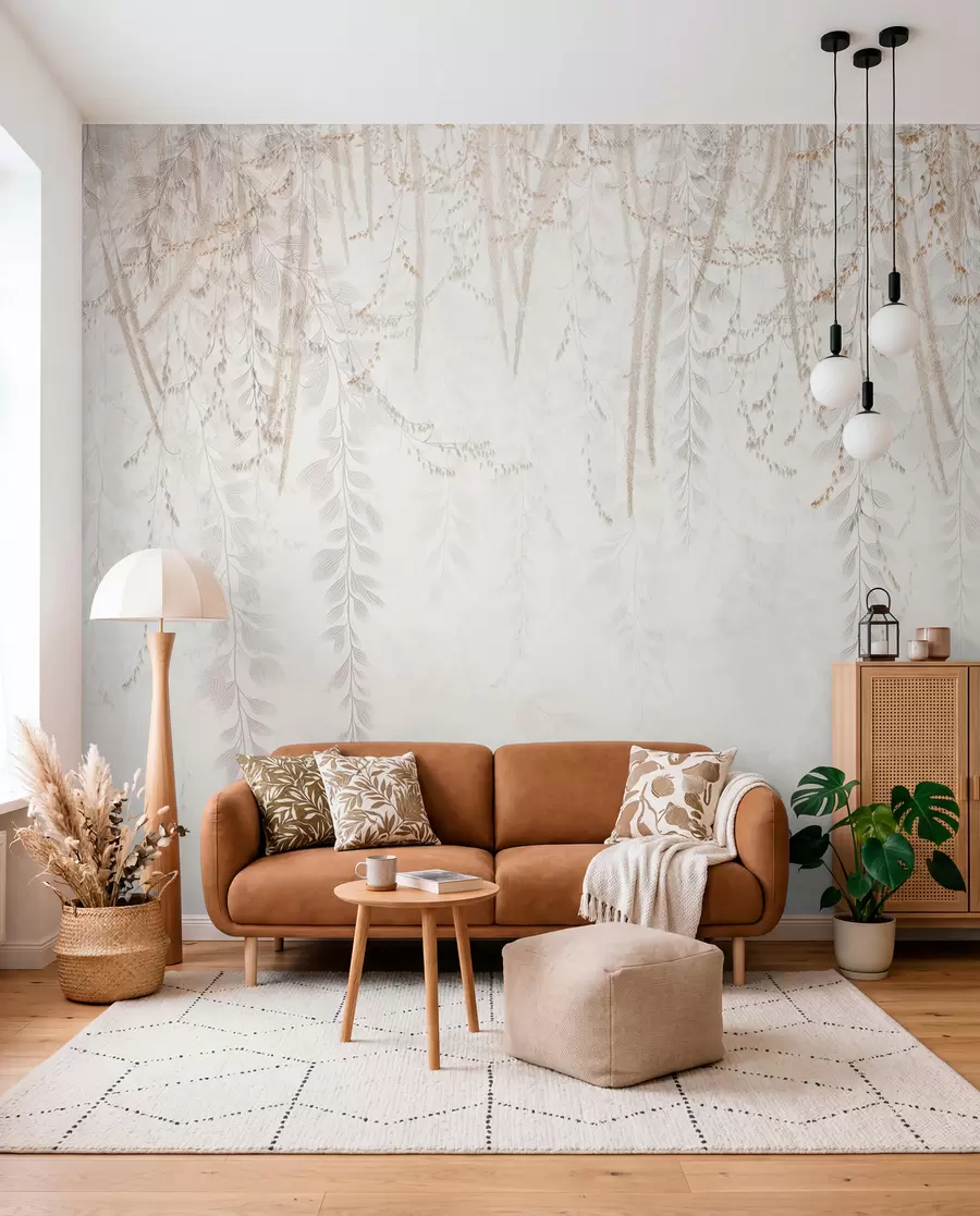 Wall Mural Photo Wallpaper Light hanging leaves and branches in beige tones w09433