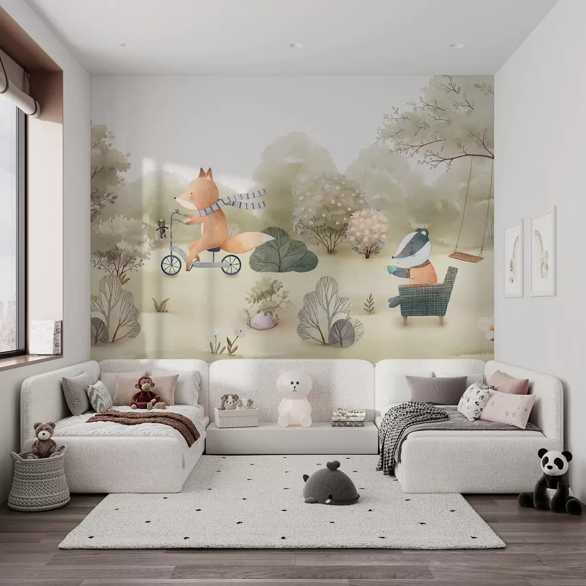 wall murals Fox on a bicycle and badger with tea, forest animals in watercolor style w09439