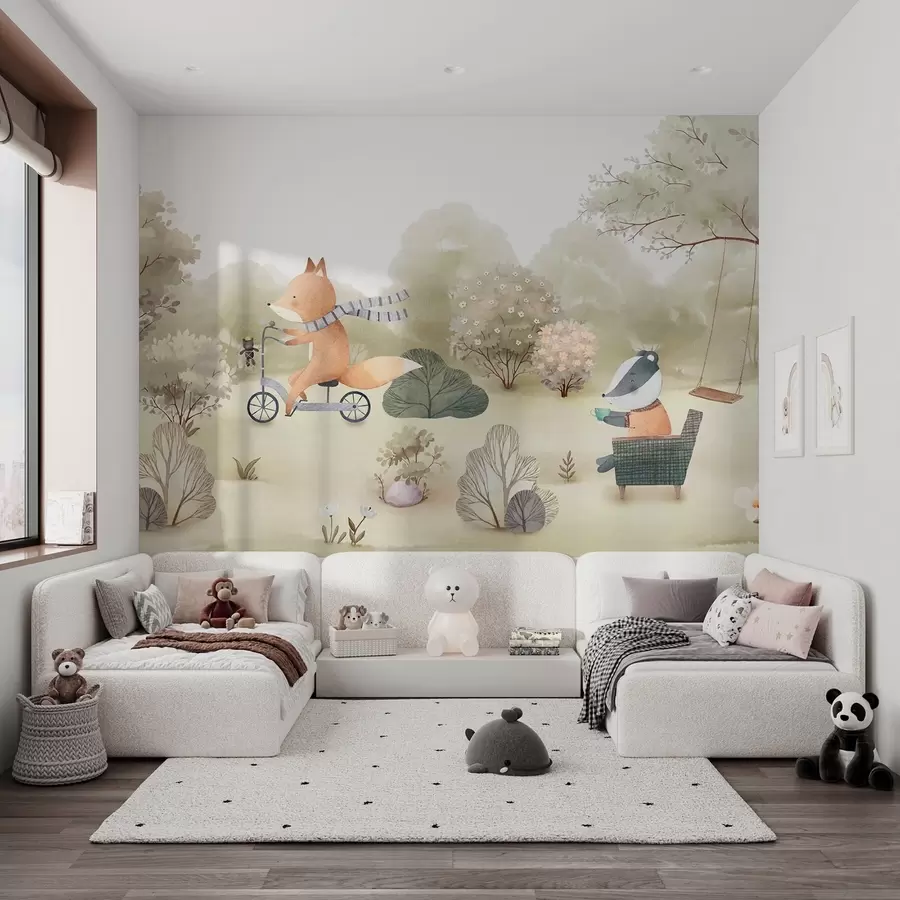 Wall Mural Photo Wallpaper Fox on a bicycle and badger with tea, forest animals in watercolor style w09439
