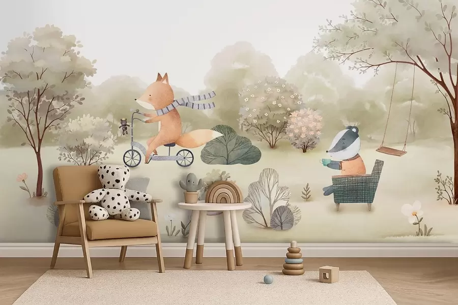 Wall Mural Photo Wallpaper Fox on a bicycle and badger with tea, forest animals in watercolor style w09439
