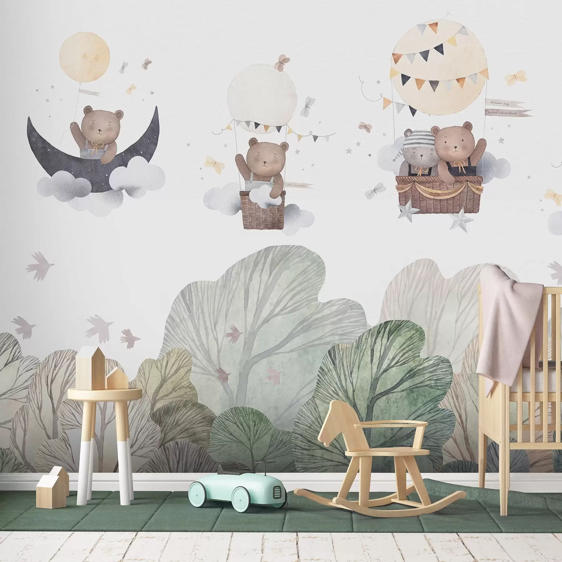 Wall Mural Photo Wallpaper Watercolor-style balloons with bears over the forest w09437