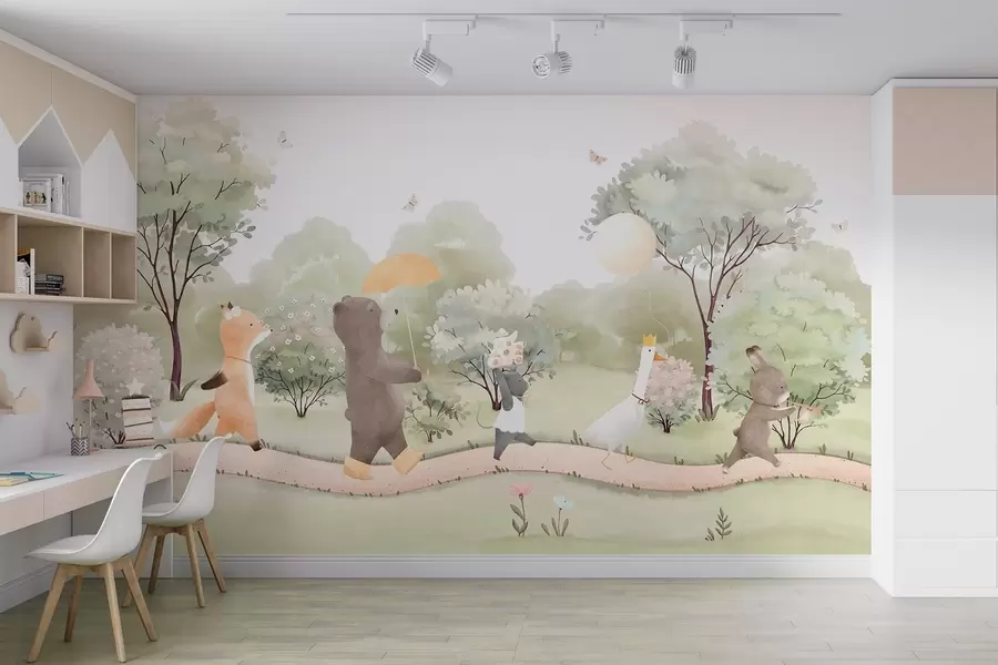 Wall Mural Photo Wallpaper Festive journey of little animals through the forest in watercolor style w09440