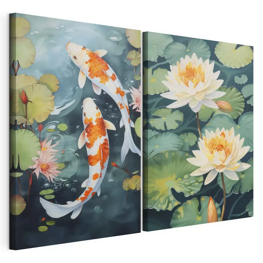 murales Imágenes brillantes de flores de loto y peces en un estanque m00869