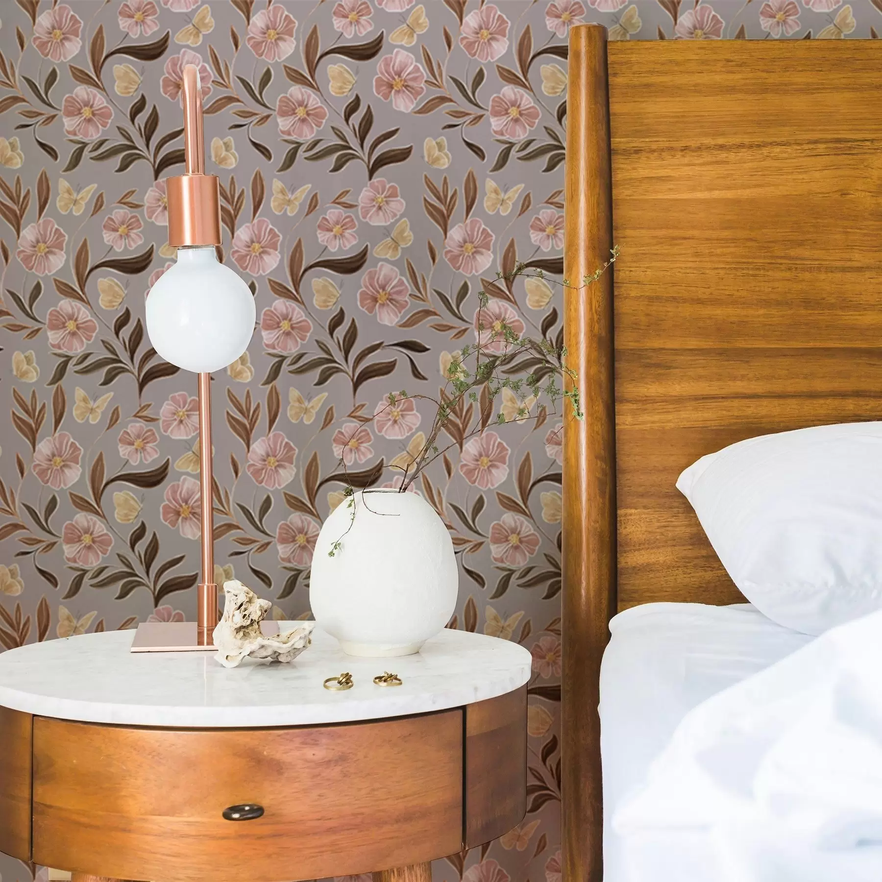 murales Flores rosas y mariposas sobre un fondo gris-beige a00633