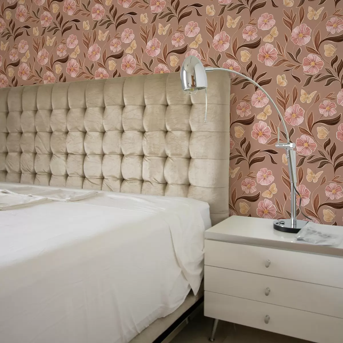 Wallpaper Pink flowers and butterflies on a warm brown background a00633v1