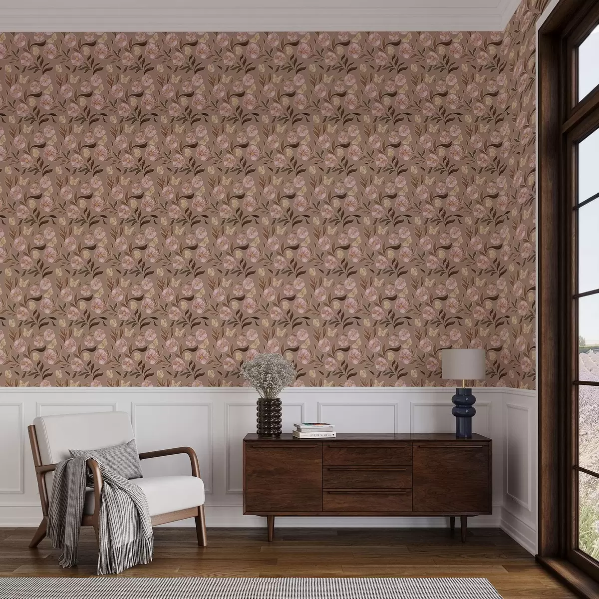 Papel pintado Flores rosas y mariposas sobre un cálido fondo marrón a00633v1