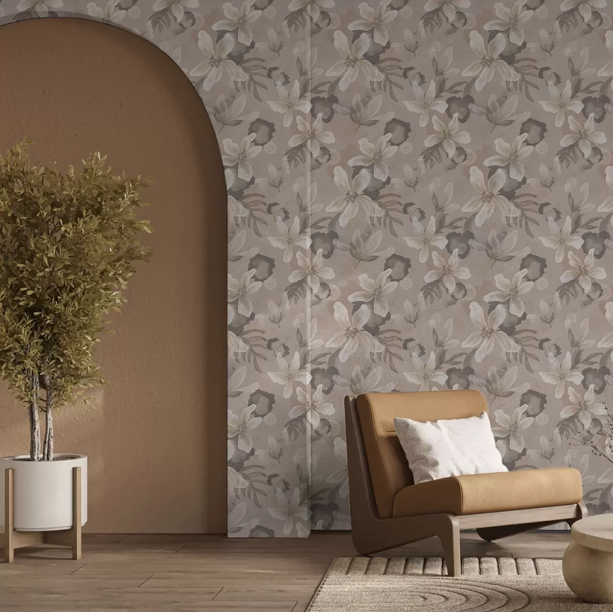 Wallpaper Large beige flowers with abstract watercolor spots a00635