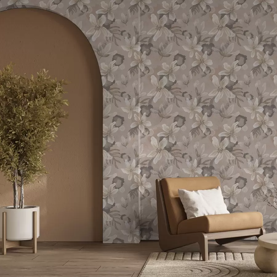 peintures murales Grandes fleurs beiges avec des taches abstraites à l'aquarelle a00635