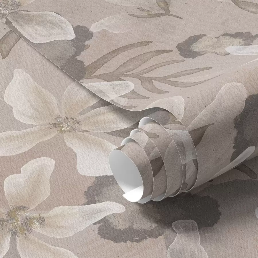 Wall Mural Photo Wallpaper Large beige flowers with abstract watercolor spots a00635