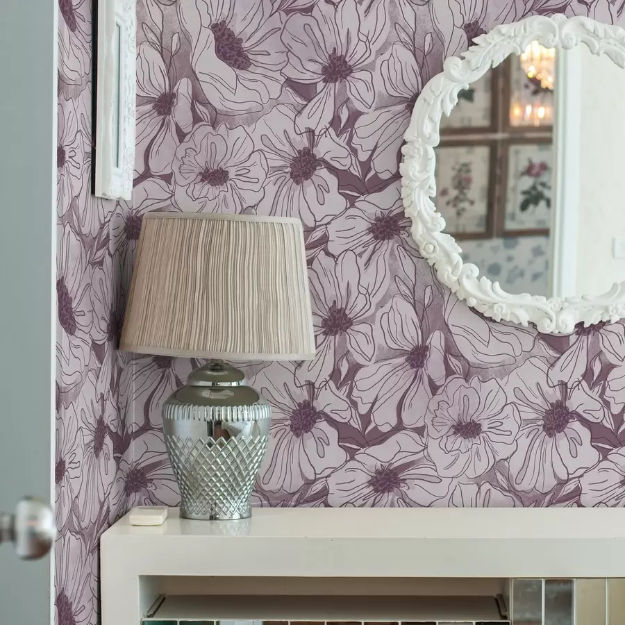 murales Flores lineales en una fresca paleta de colores lila y rosa a00636v1