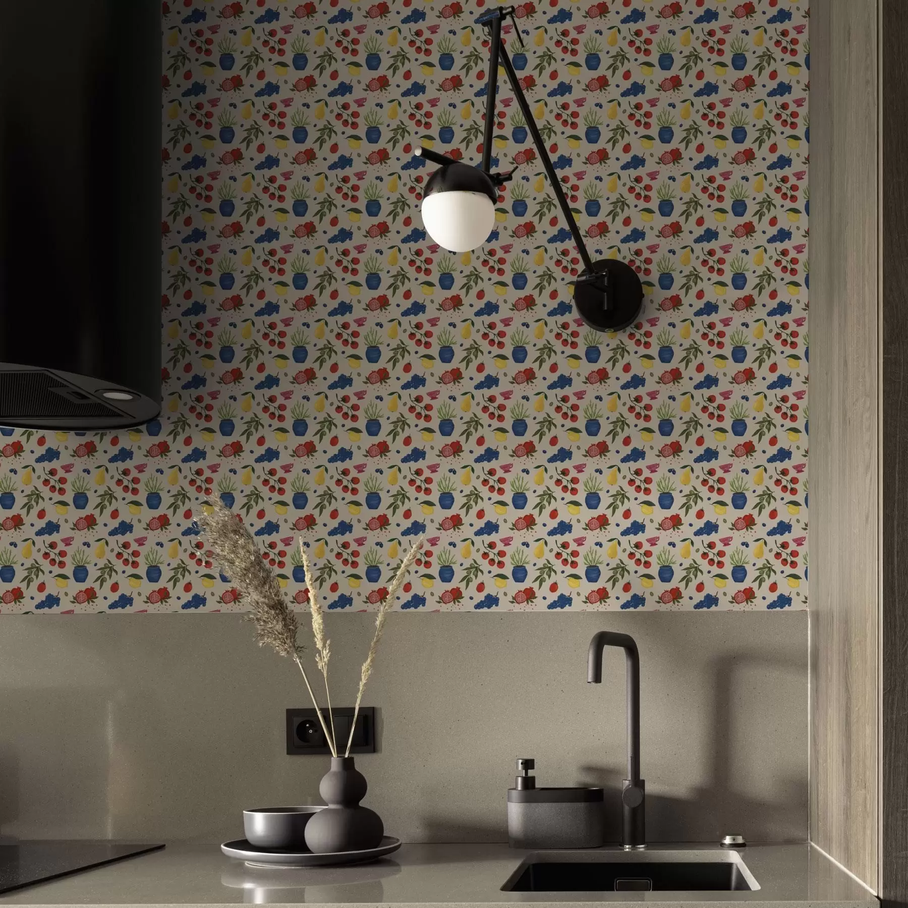 murales Patrón vibrante con frutas, ramas y jarrones a00637