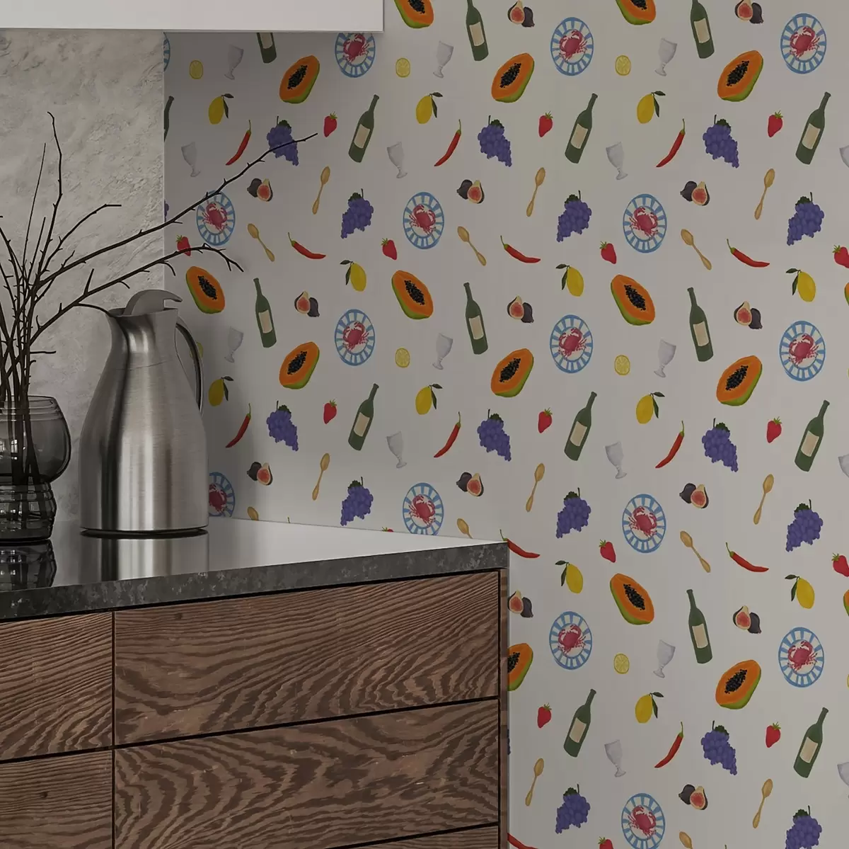 Wallpaper Arranged fruits, wine, and spices on a light background a00639