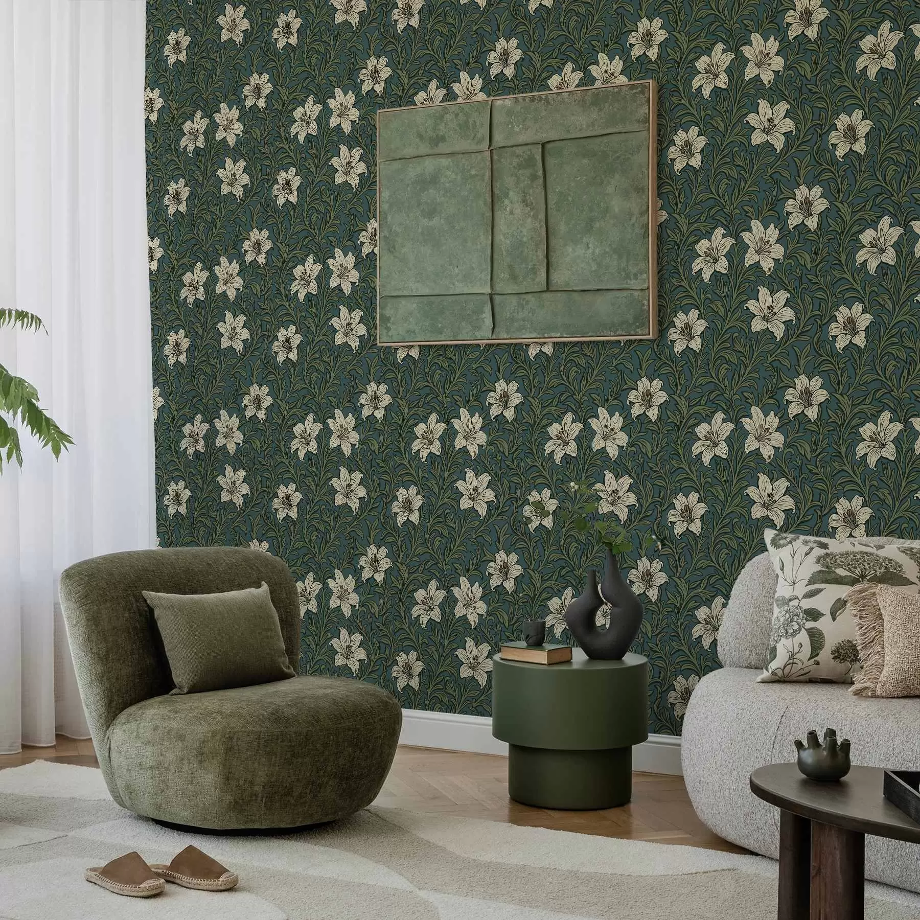 wall murals Cream lilies among dense greenery on a turquoise background a00645