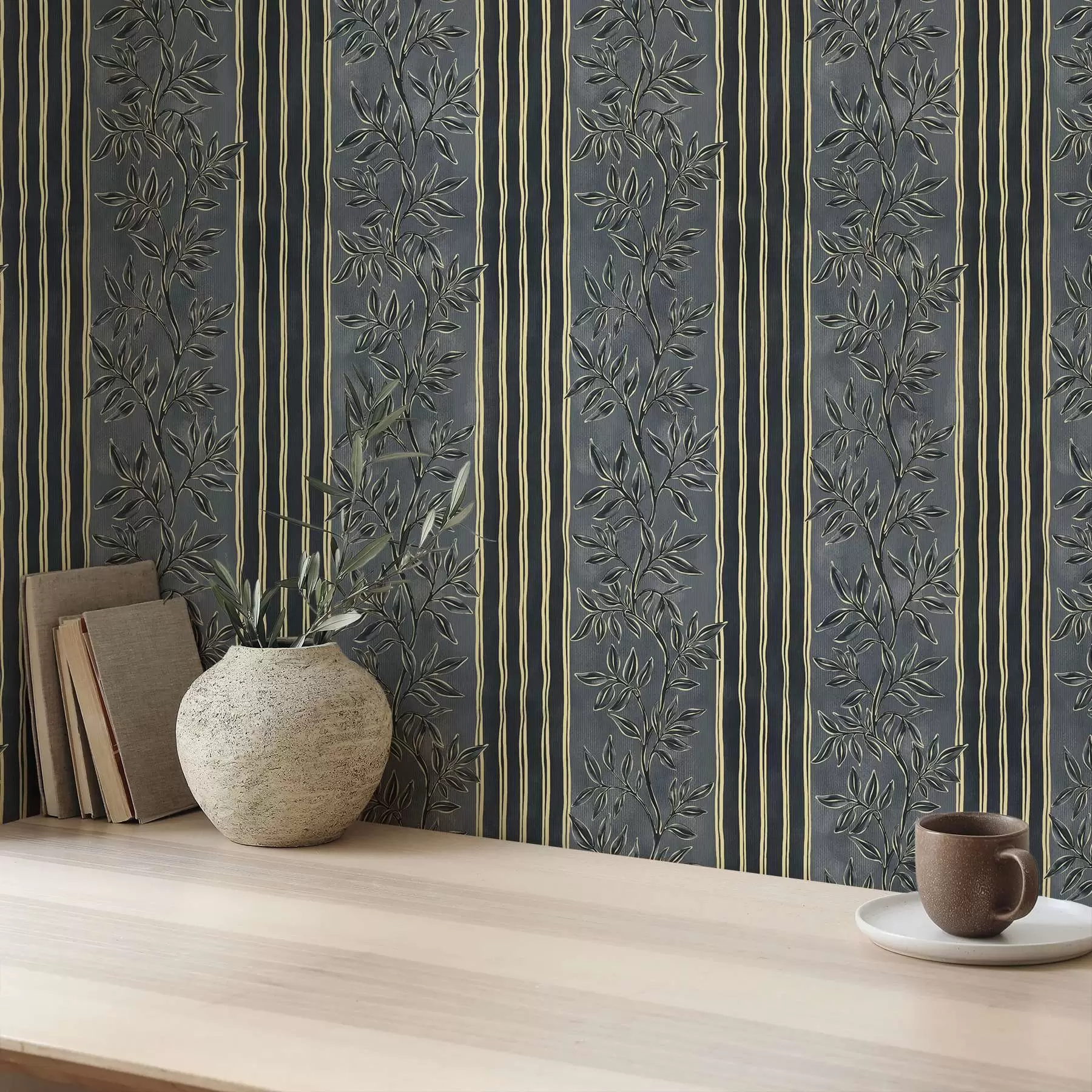 wall murals Vertical stripes with botanical patterns in dark tones a00648