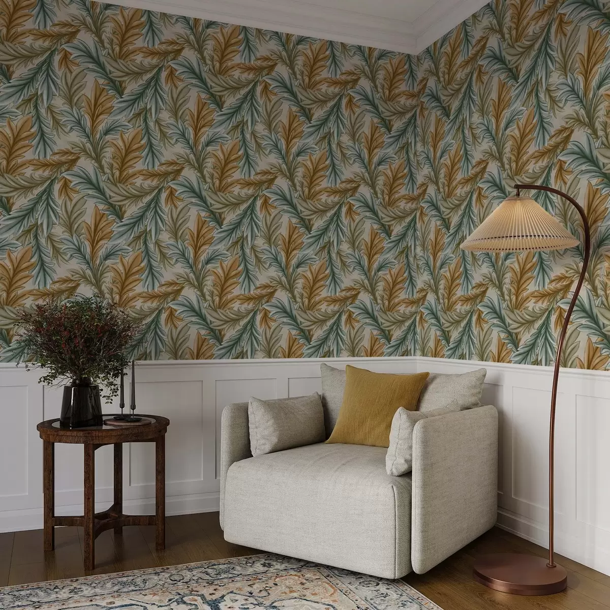 Wallpaper Decorative foliage in a warm ochre and green palette a00673