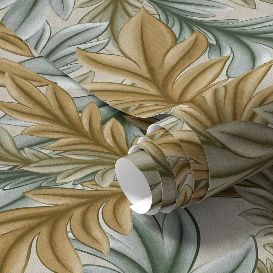 wall murals Decorative foliage in a warm ochre and green palette a00673