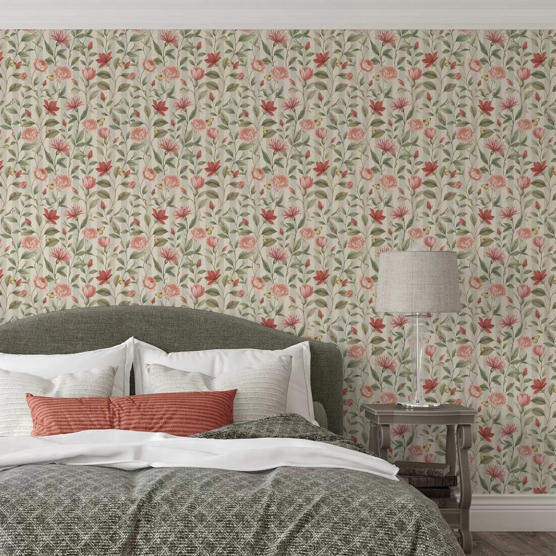 murales Tallos florales con mariposas sobre un fondo claro a00698