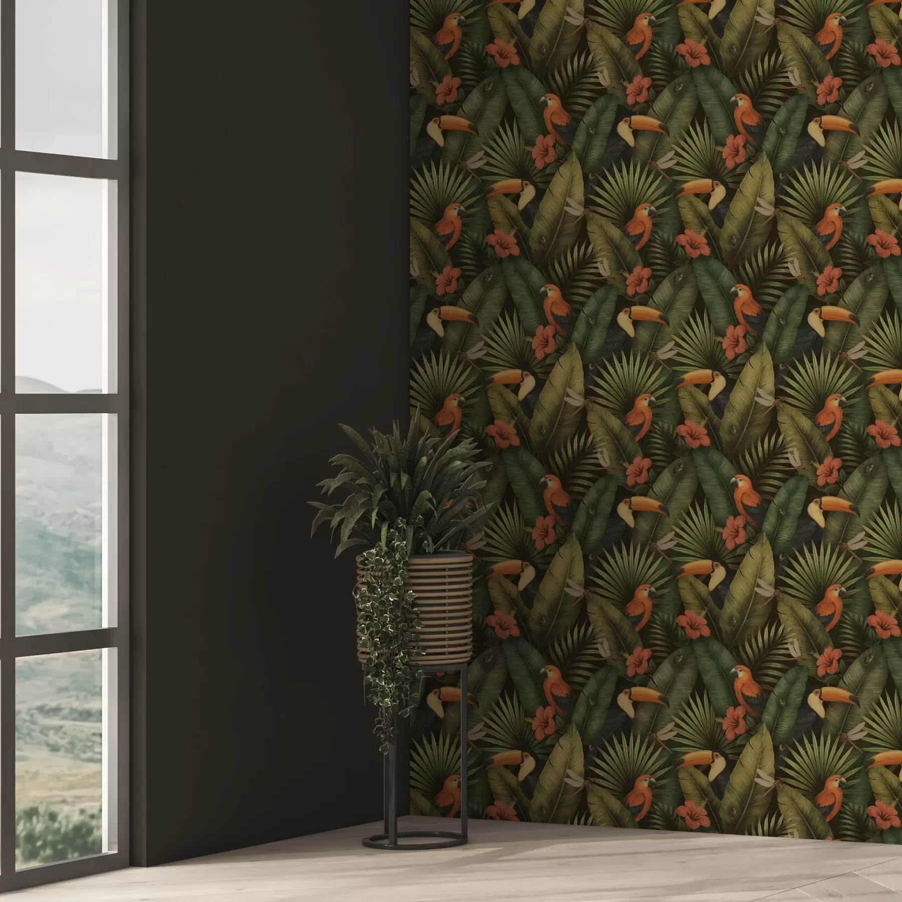 wall murals Toucan and parrots among tropical foliage and flowers a00702