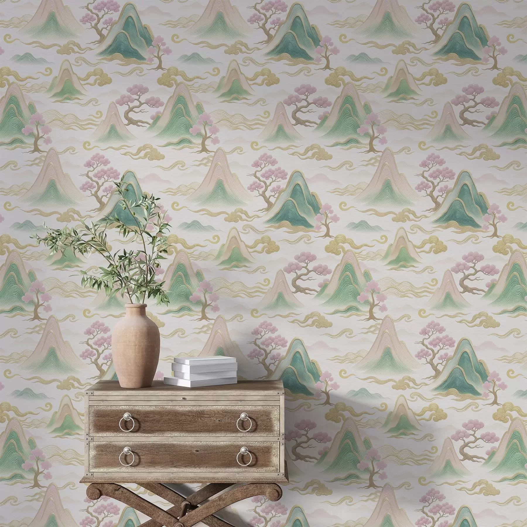 wall murals Mountains, clouds, and pines in an oriental decorative style a00703