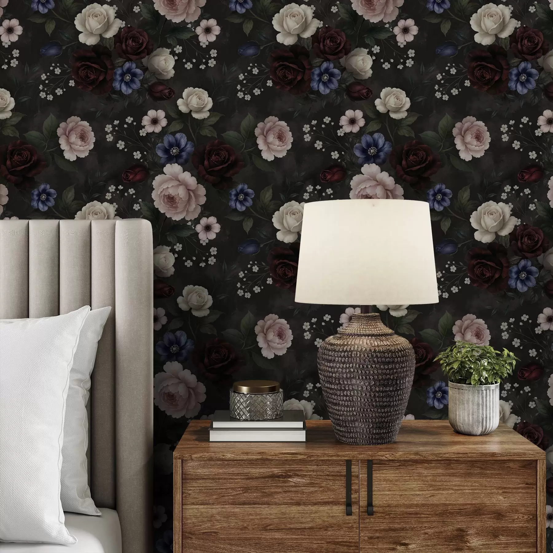 wall murals Dark roses, anemones, and peonies on a deep background a00704