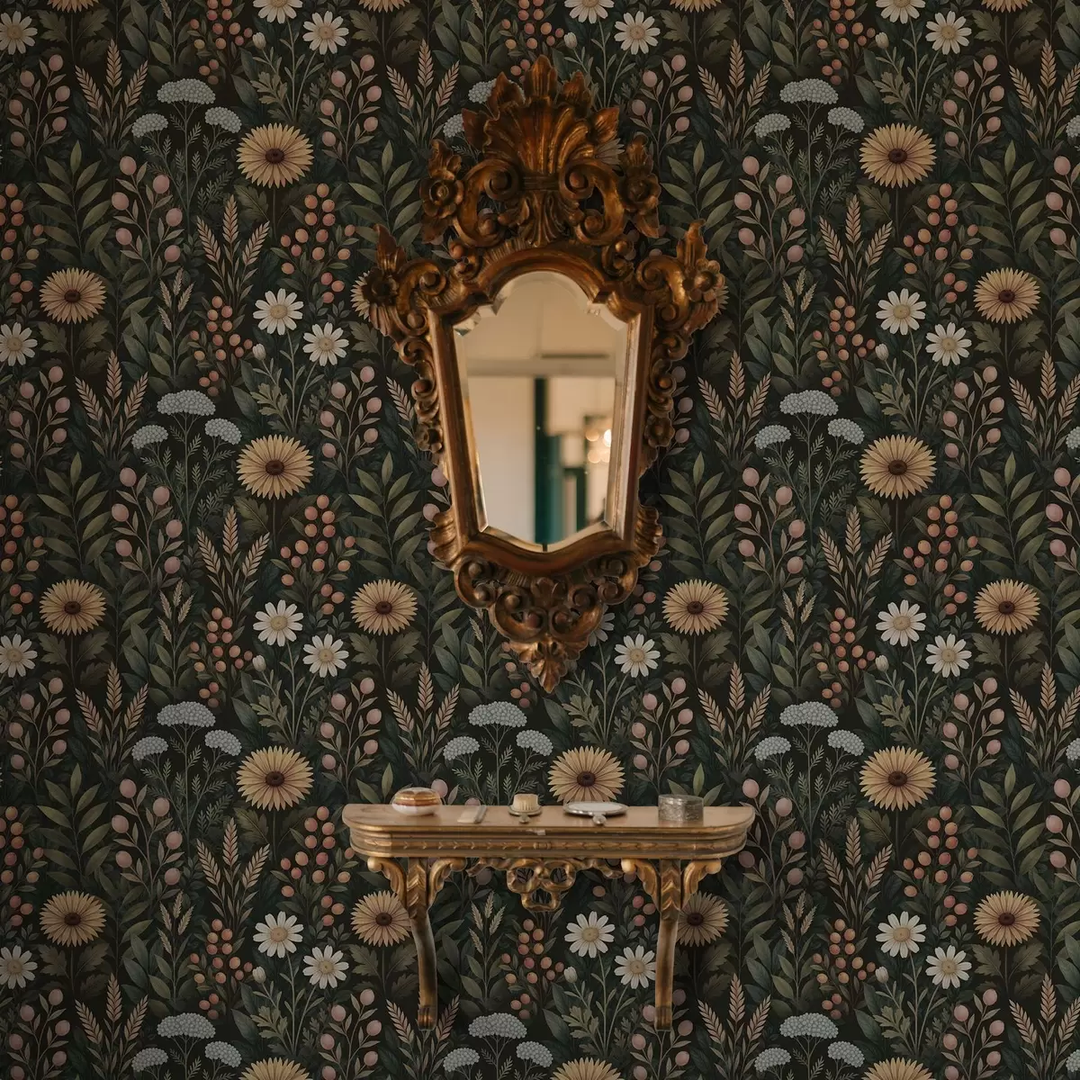 Papel pintado Flores silvestres y bayas sobre fondo oscuro, adorno natural a00707