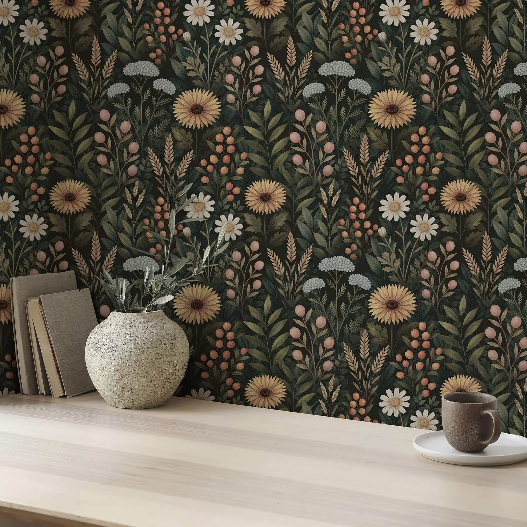 Wall Mural Photo Wallpaper Wildflowers and berries on a dark background, natural ornament a00707