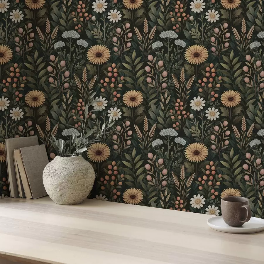 murales Flores silvestres y bayas sobre fondo oscuro, adorno natural a00707