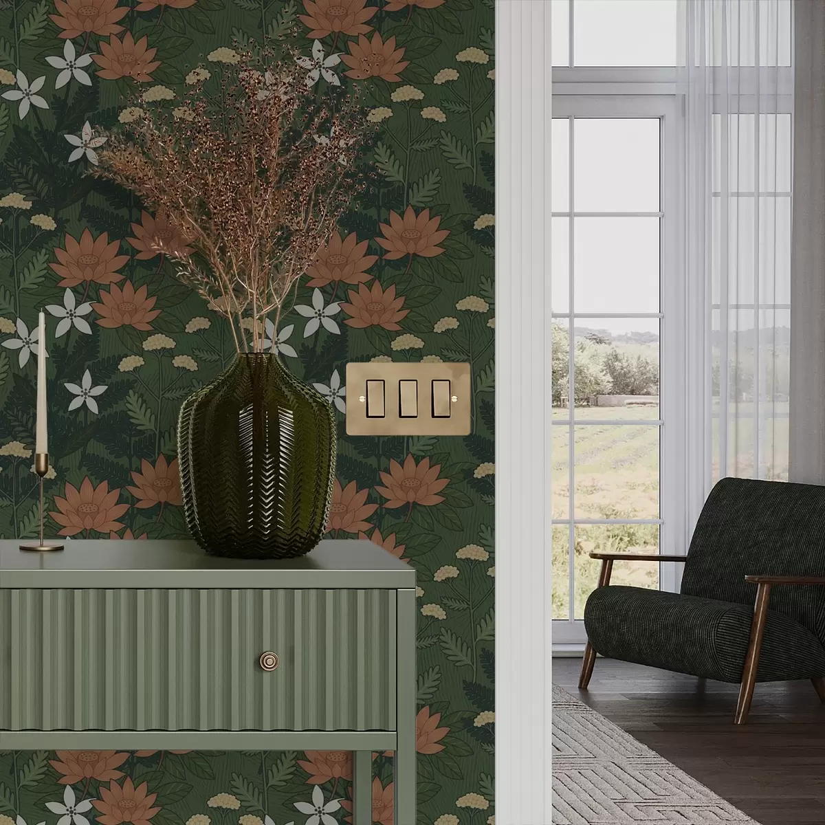 Papier peint Grandes fleurs parmi le feuillage vert, composition décorative a00708