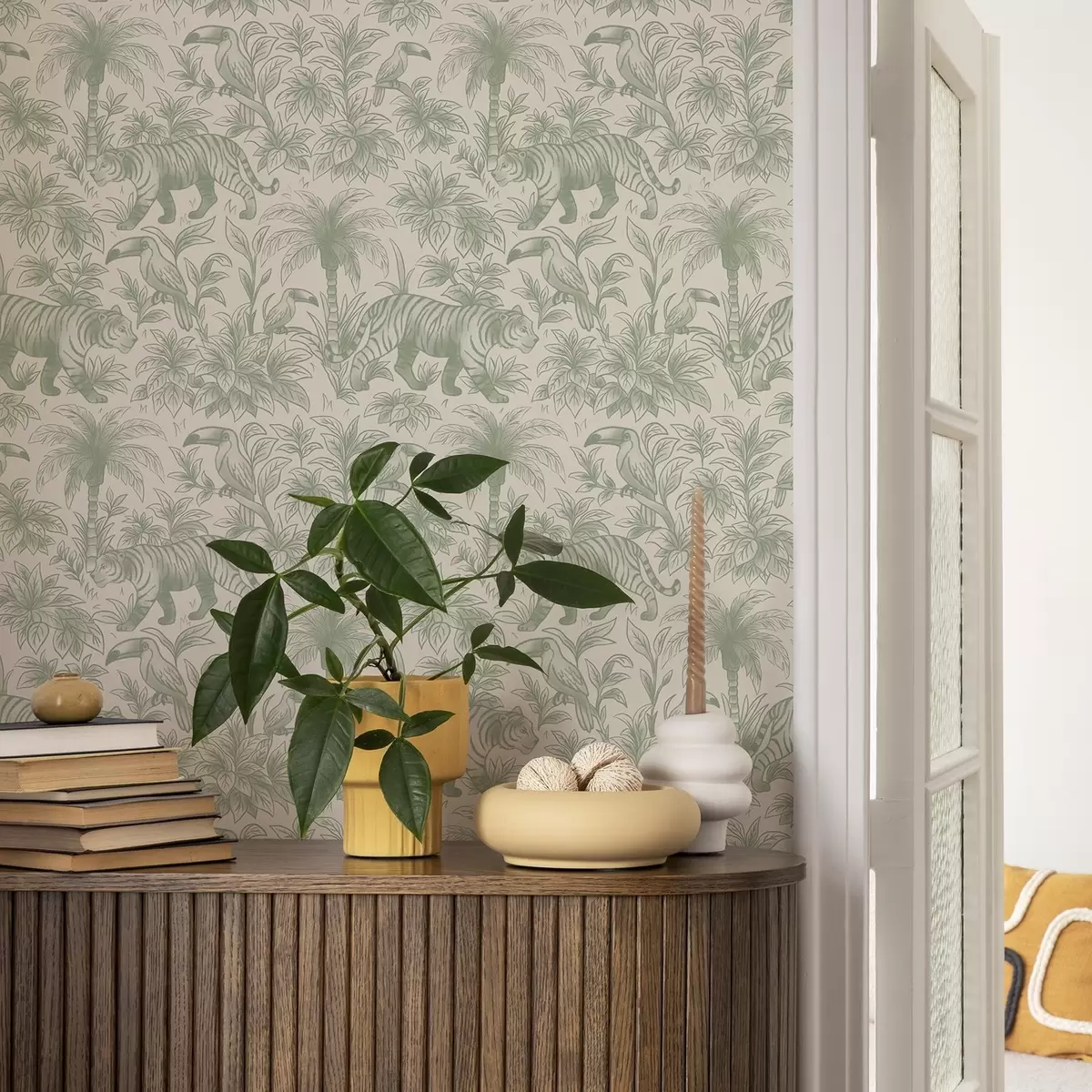 Wallpaper Tigers and tropical birds among palms on a light background a00711