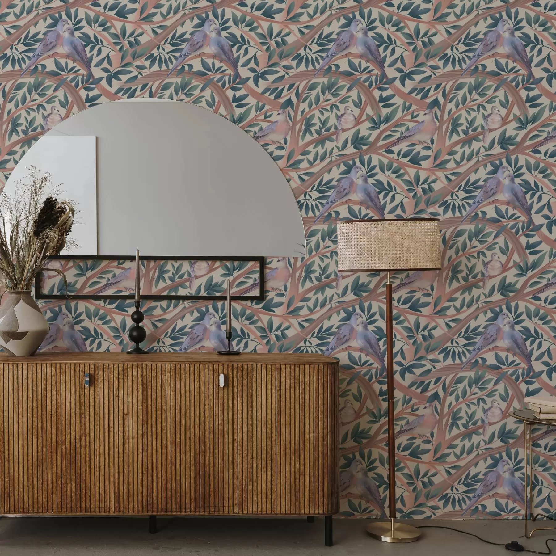 murales Palomas entre ramas y hojas en una suave paleta de colores pastel a00796