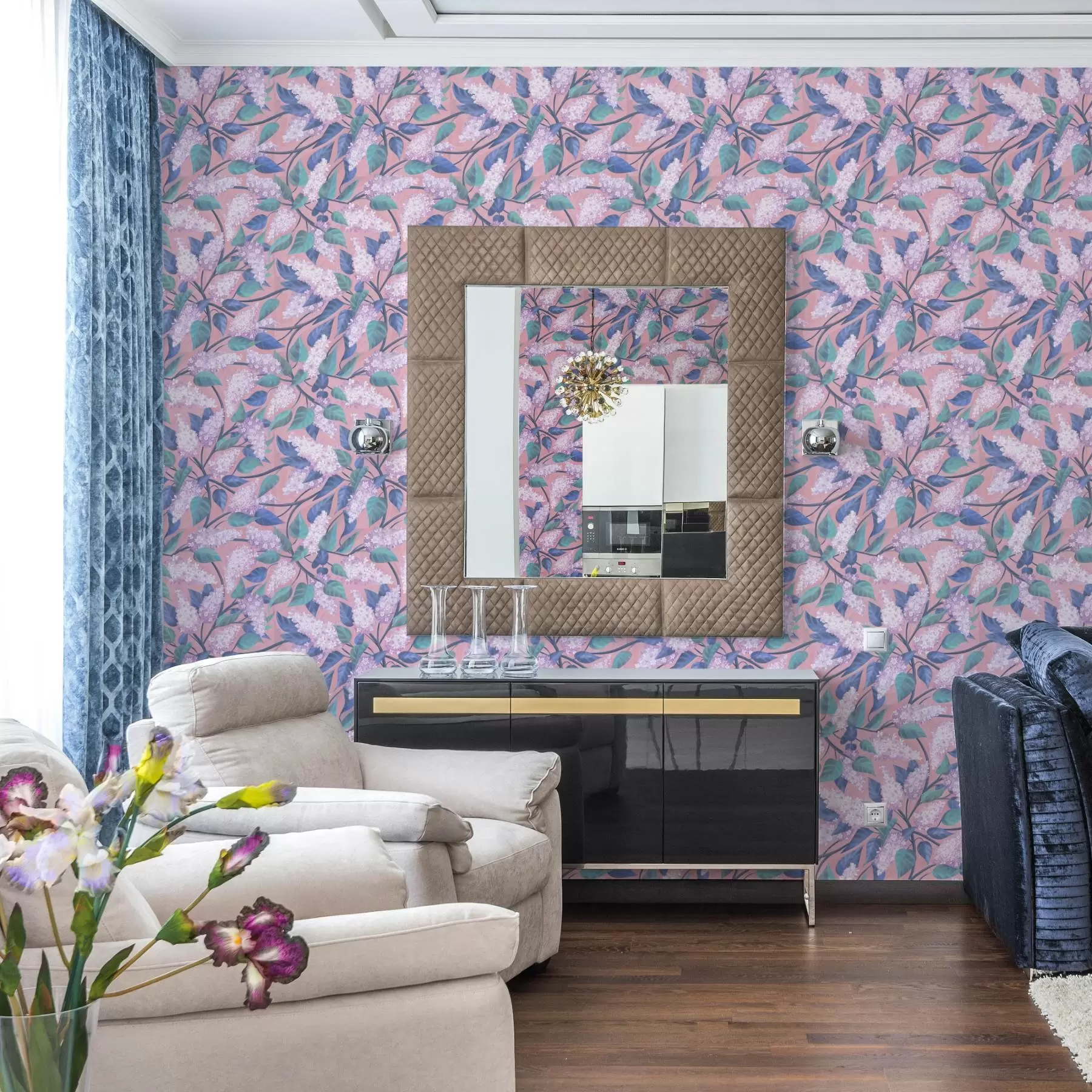 Wall Mural Photo Wallpaper Delicate lilac flowers on a pink background, spring mood a00797