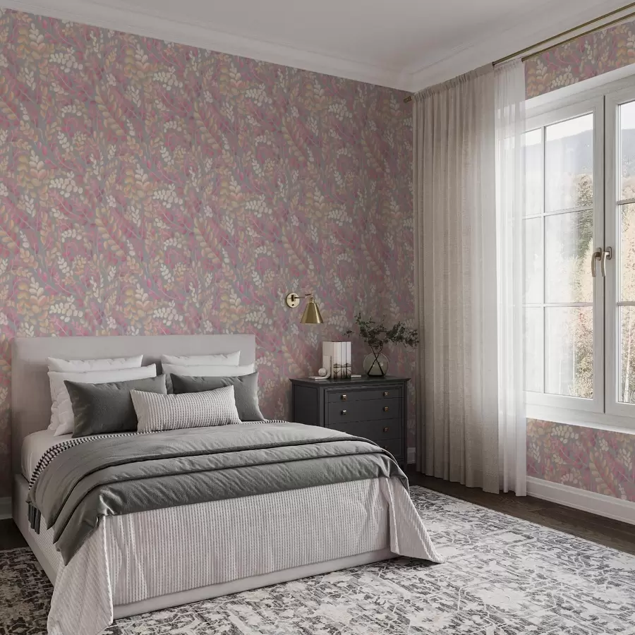 murales Ramitas en tonos pastel con follaje rosa-melocotón sobre fondo gris a00799v1