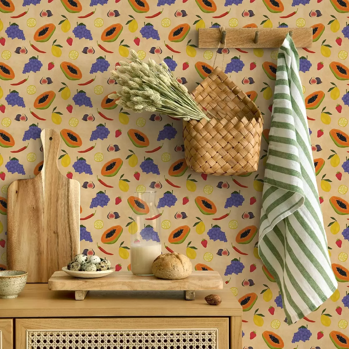 Wallpaper Papaya, citrus, and berries on a rich warm background a00803v1