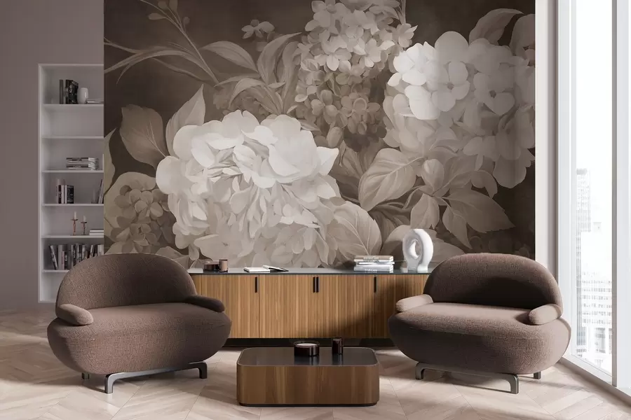 wall murals Textured sepia painting imitation of hydrangeas flowers with big leaves, abstract and dark background w09465