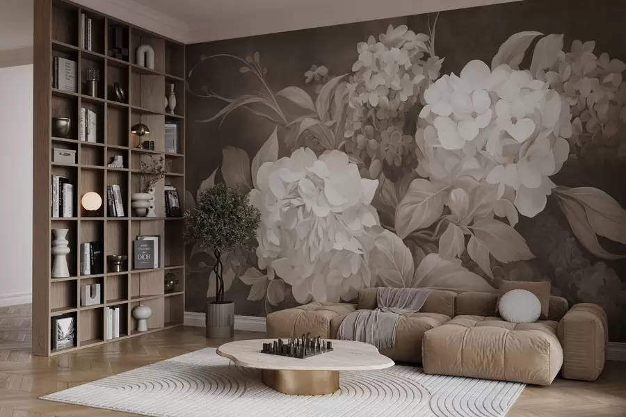 Wall Mural Photo Wallpaper Textured sepia painting imitation of hydrangeas flowers with big leaves, abstract and dark background w09465