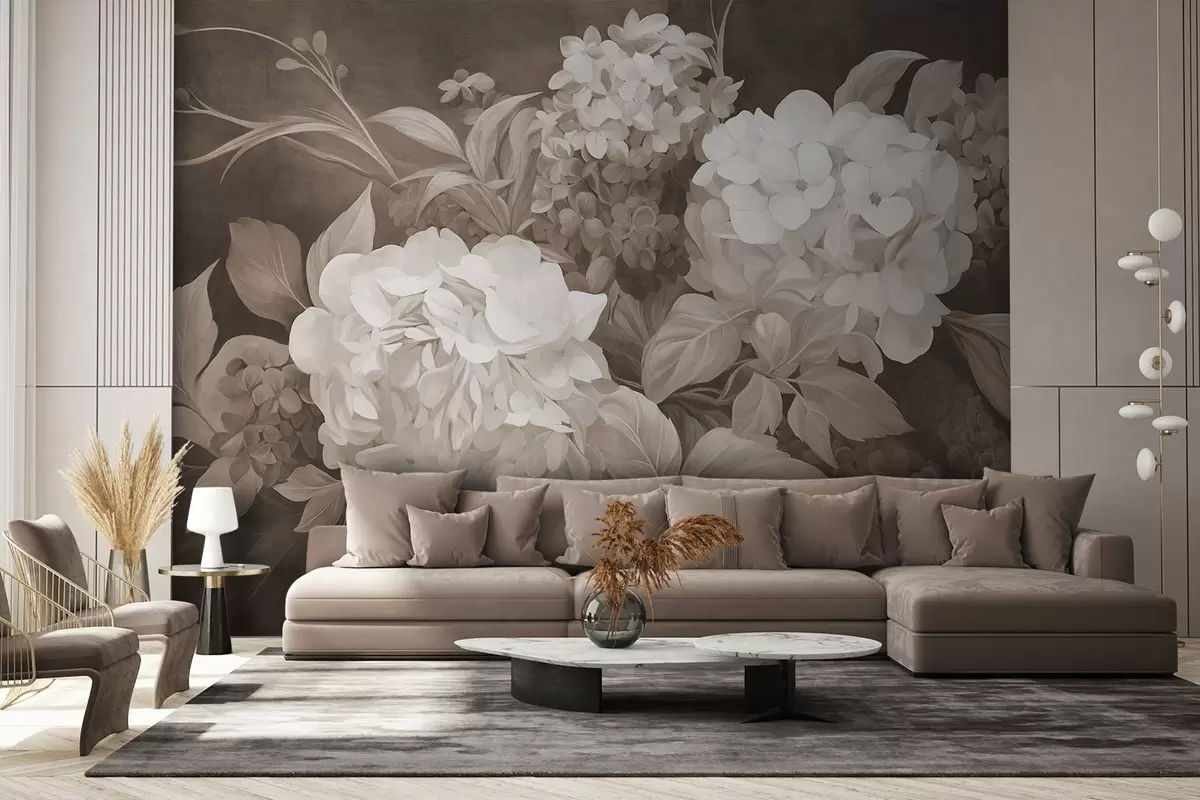 peintures murales Peinture sépia texturée imitant des fleurs d'hortensias à grandes feuilles, sur fond abstrait et sombre w09465