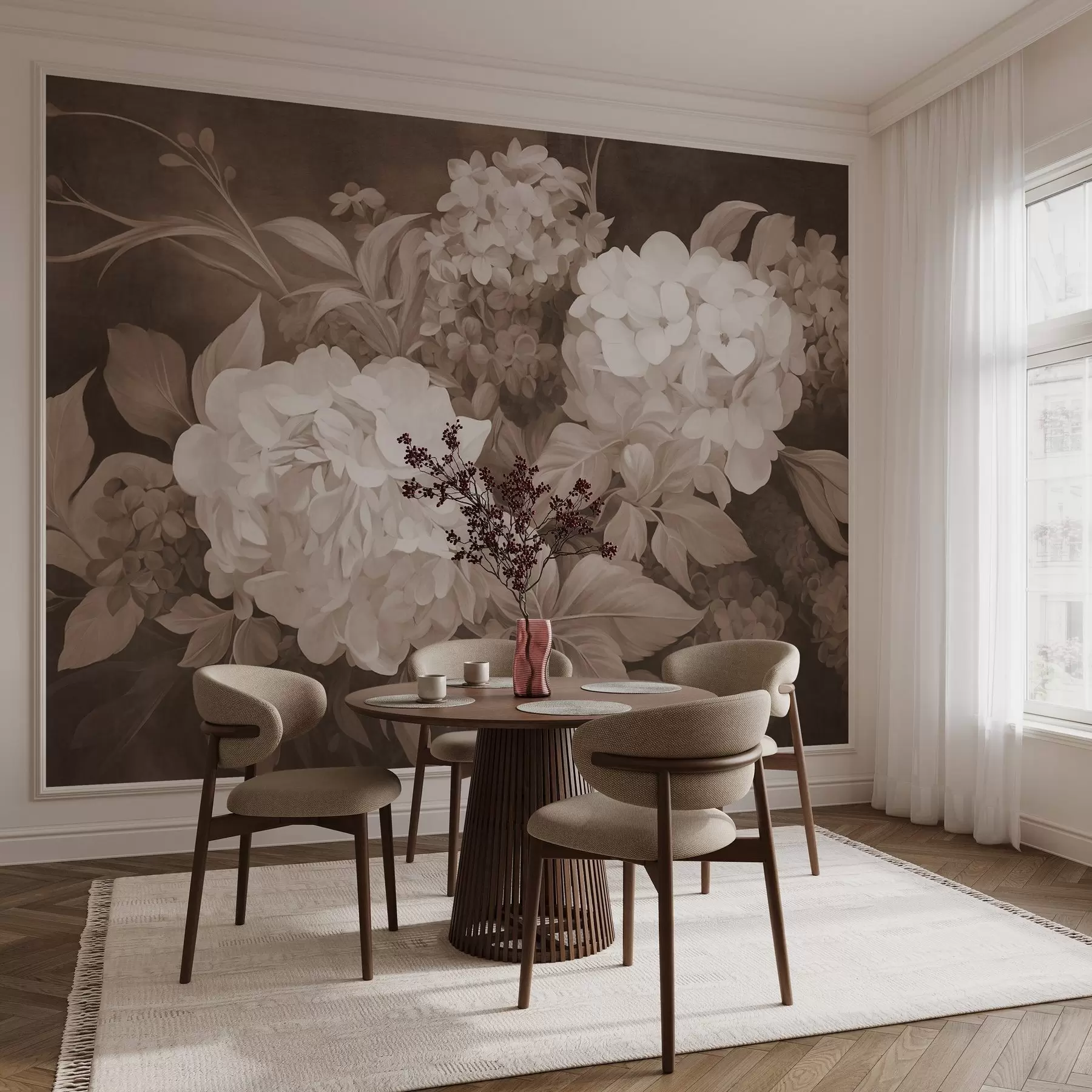 wall murals Textured sepia painting imitation of hydrangeas flowers with big leaves, abstract and dark background w09465