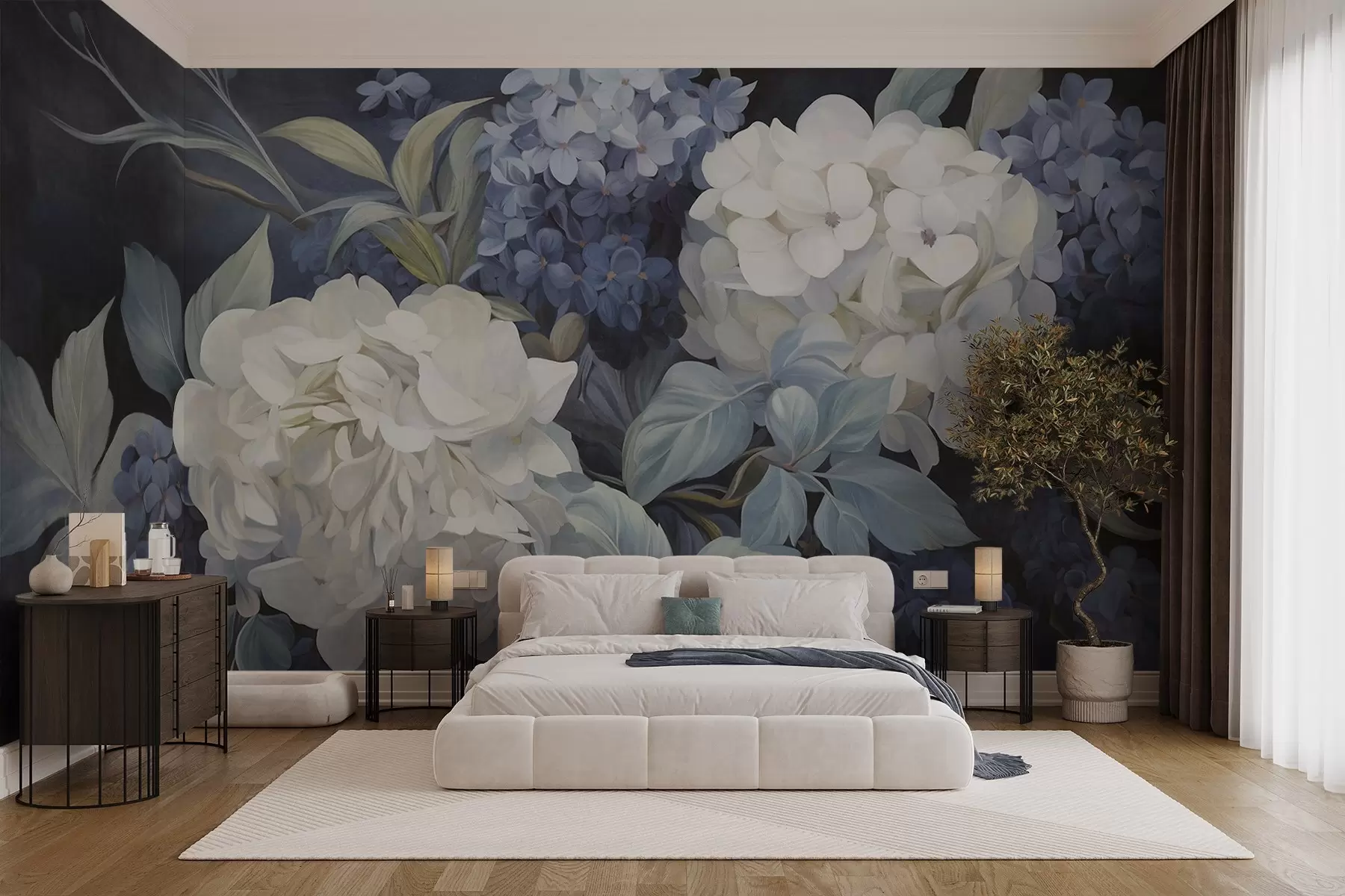 Wall Mural Photo Wallpaper Textured dark blue painting imitation of hydrangeas flowers with big leaves, abstract and dark background w09465v1