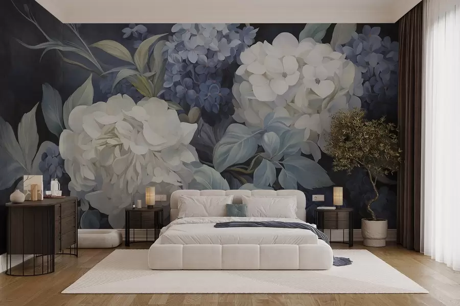 Wall Mural Photo Wallpaper Textured dark blue painting imitation of hydrangeas flowers with big leaves, abstract and dark background w09465v1