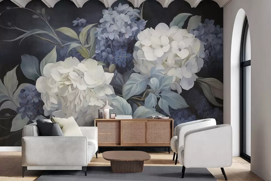 peintures murales Peinture texturée bleu foncé imitant des fleurs d'hortensias avec de grandes feuilles, fond abstrait et sombre w09465v1