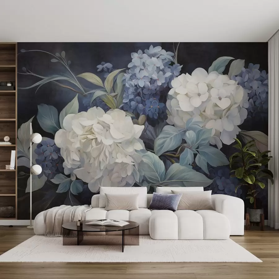 Wall Mural Photo Wallpaper Textured dark blue painting imitation of hydrangeas flowers with big leaves, abstract and dark background w09465v1